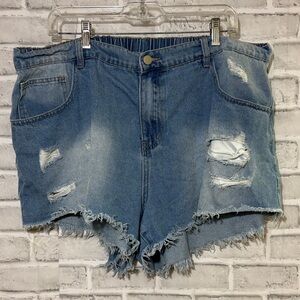 SHEIN Blue Distressed elastic waist Jean Shorts, 4XL